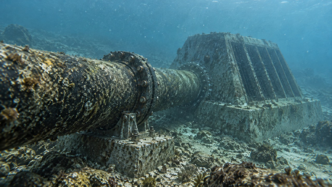 Underwater pipe connected to a coastal intake structure on a rocky seabed.
