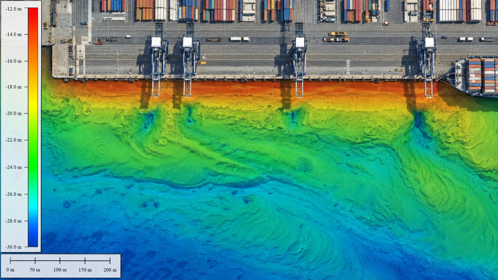 Illustrative container port with cranes and a colored underwater bathymetry map.