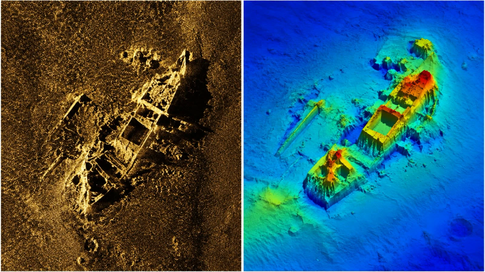 Illustrative side-by-side sonar and colored bathymetric views of a shipwreck.